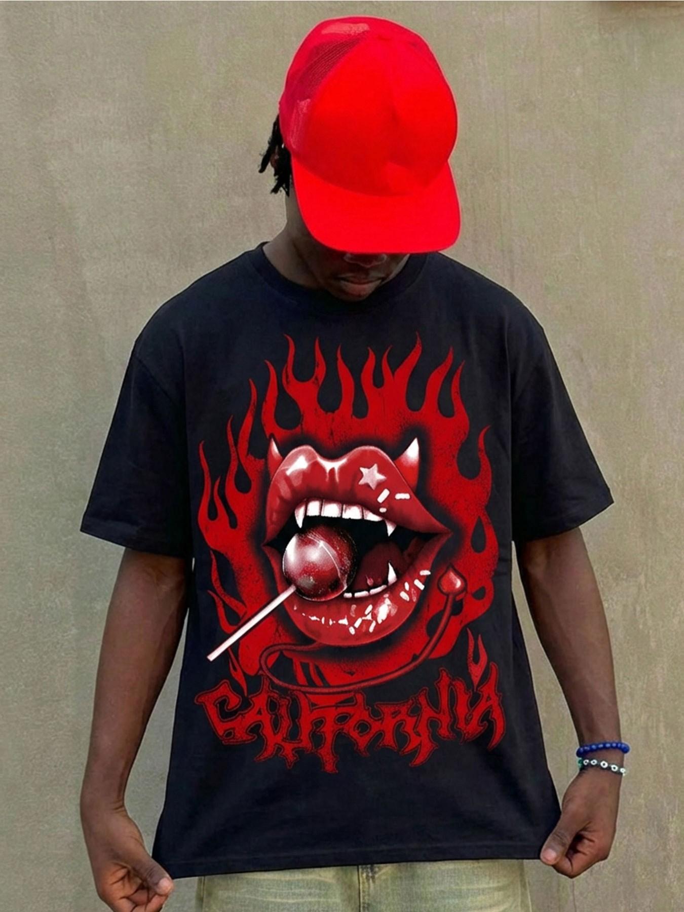 Gothic California Devil Lips Flame Print Oversized Black T-Shirt Streetwear Y2K Retro Hip Hop Graphic Tee With Lollipop Detail