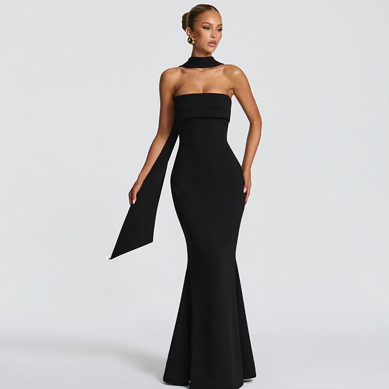 Women‘s Black Tie-neck Dress, Solid Ruched Sleeveless Strapless Backless Tube Dress & Halter Neck Scarf Ribbon Two-piece Set, Plain Back Zipper Maxi Long Dresses, Sexy Cocktail Party Club Date Evening Gown Wedding Guest Mermaid Dress Outfit For Ladies