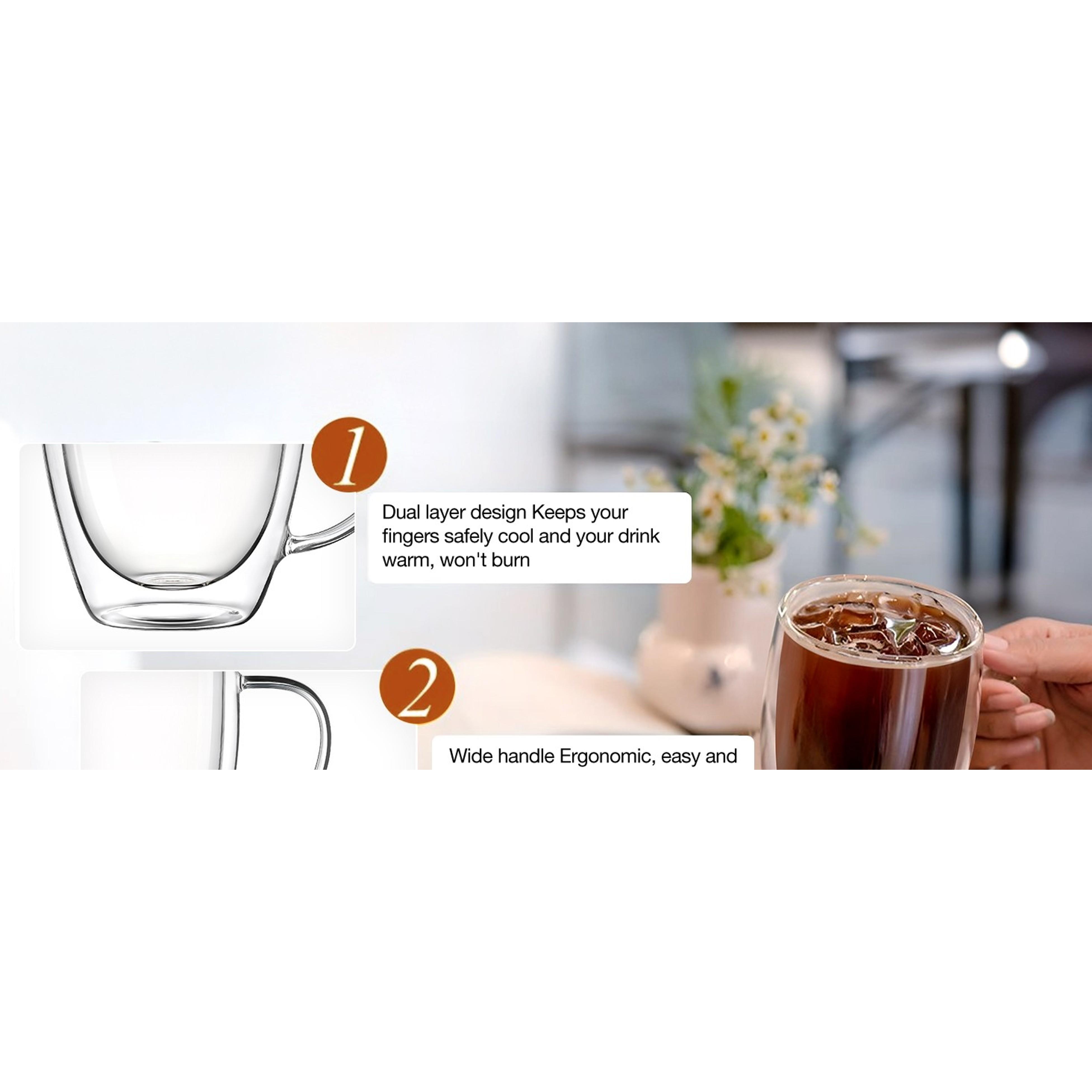 Double Walled Glass Coffee Mugs Set of 4, 12.5OZ Hand Blown Insulated Clear Glass Coffee Cups with Handle,Perfect for Latte,Cappuccino, Espresso, American,Tea Bag, BeverageGift