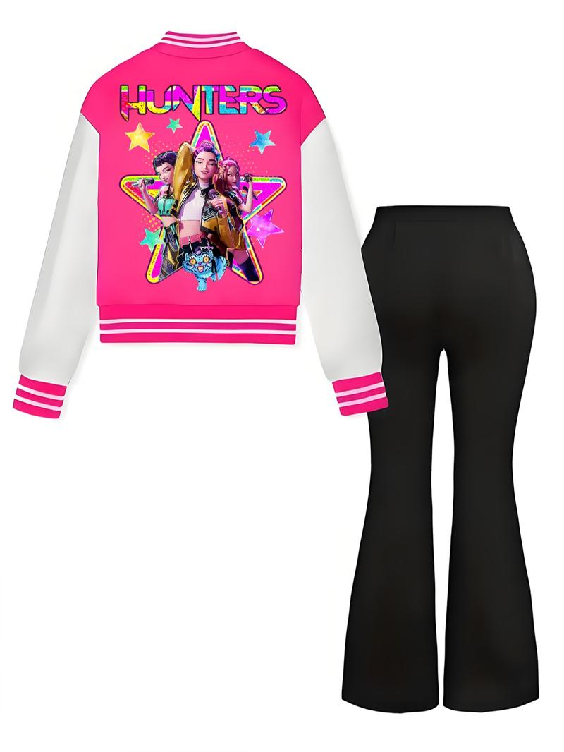 Halloween Sweet Cool Atmosphere, Witch Group Anime Print, Autumn Baseball Jacket, Elastic Fabric Pants Set, Girls' Casual Sportswear