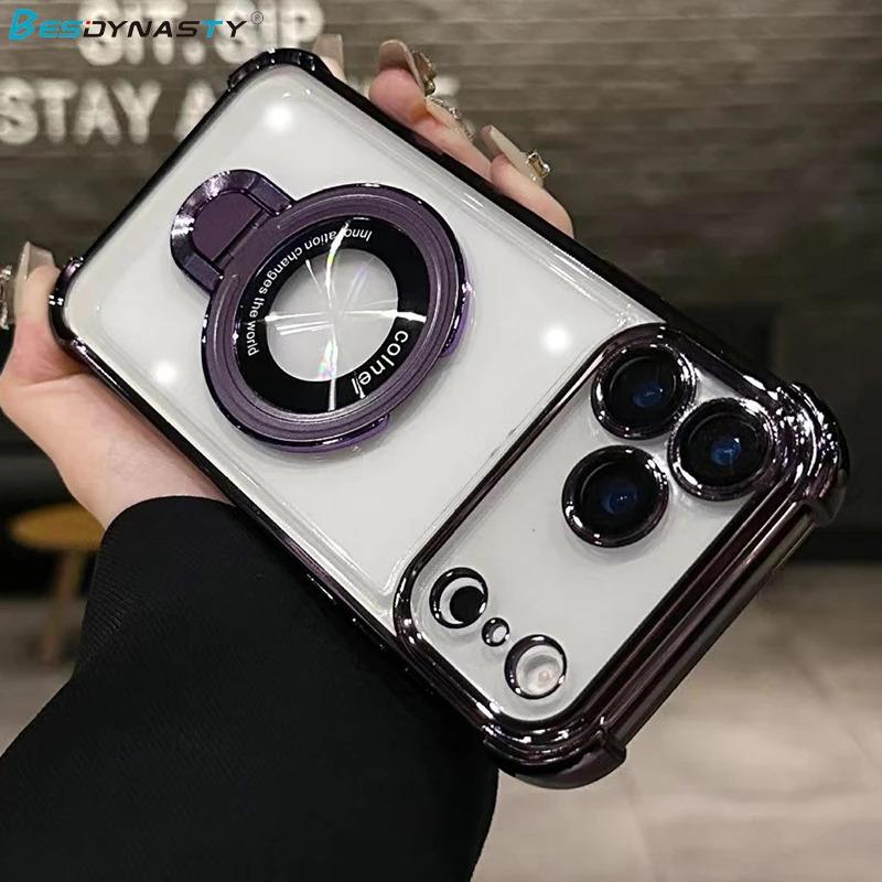 For Magsafe Wireless Charging Case For iPhone 17 Pro Max Air 14 15 Plus 13 12 16 Pro Transparent Plating Ring Holder Phone Cover