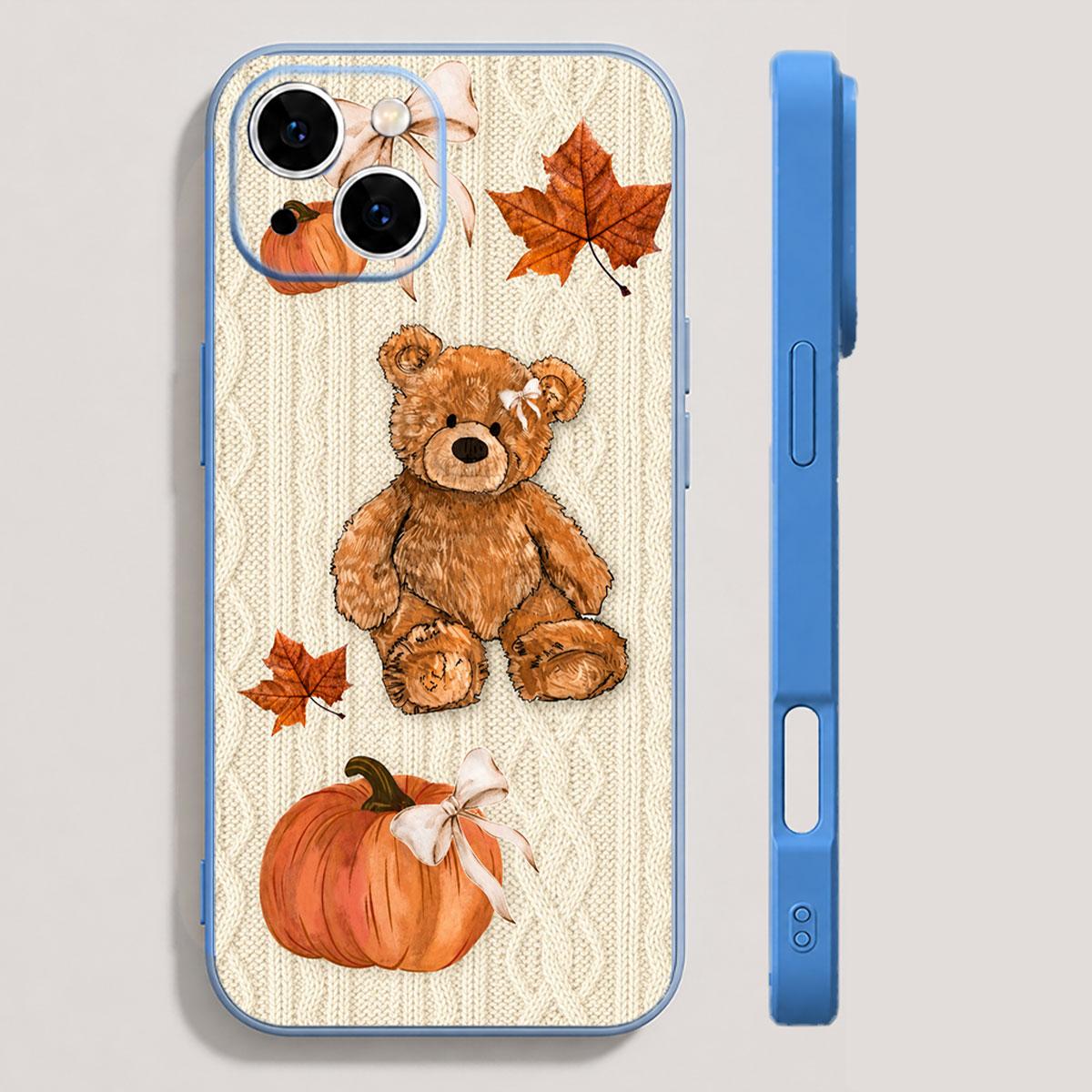Pumpkin Teddy Knit Phone Case, Autumn Cottagecore Maple Leaf Slim Bumper Cover for iPhone 17 16 15 14 13 12 11 X Plus Pro Max, Fall Birthday Gift