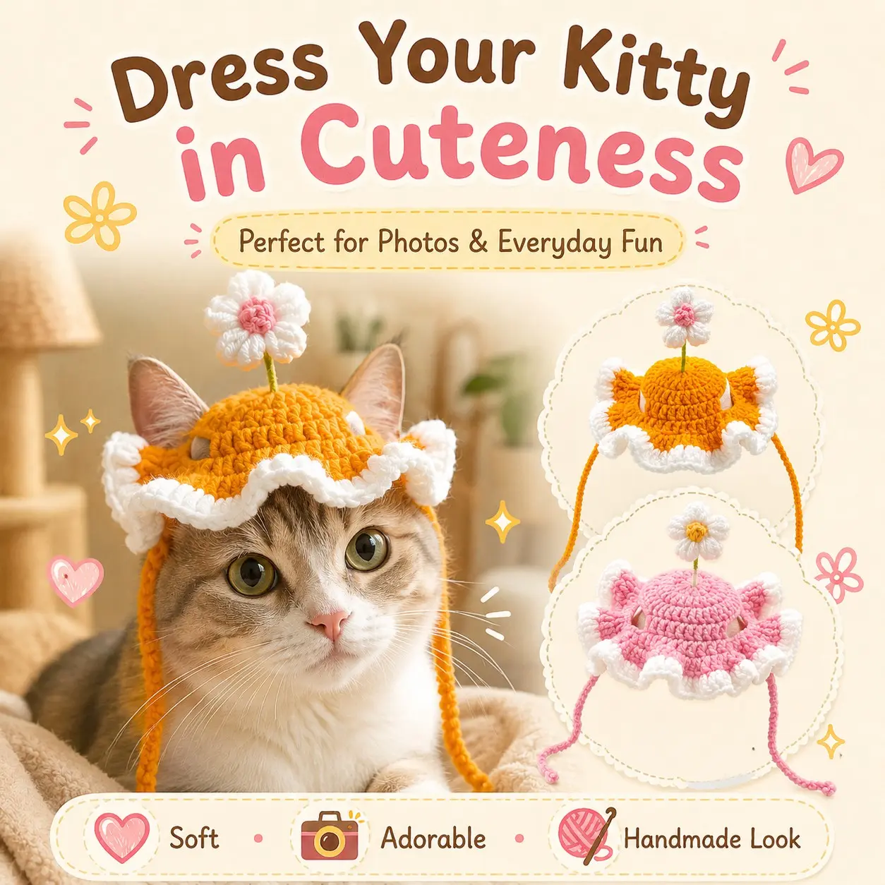 Crochet Flower Cat Hat for Cats Under 15kg, Cute Adjustable Pet Costume Hat, Soft Handmade-Style Kitty Headwear, Yellow & Pink