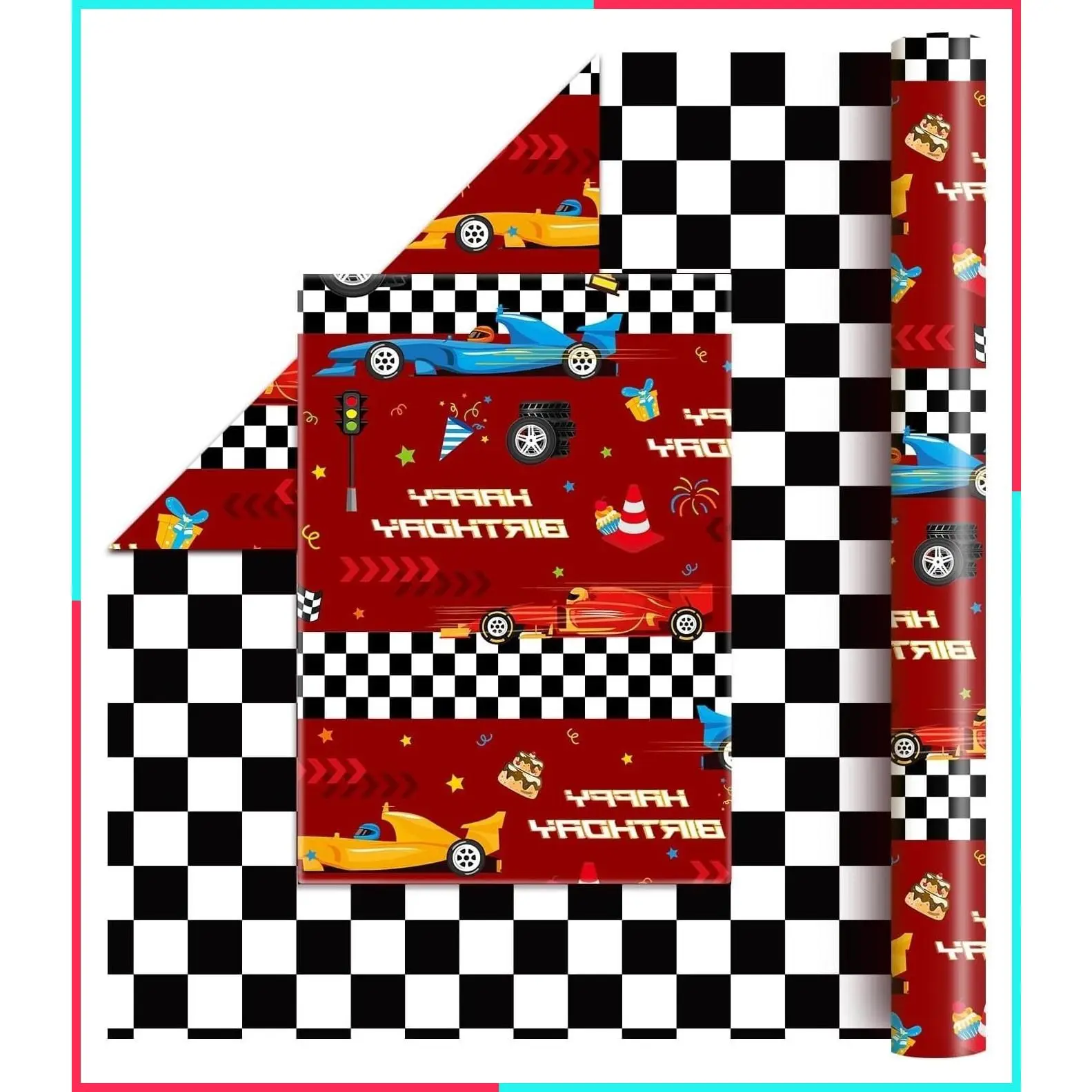 Race Car Wrapping Paper Birthday Boy, 33 ft x 17" Checkered Design