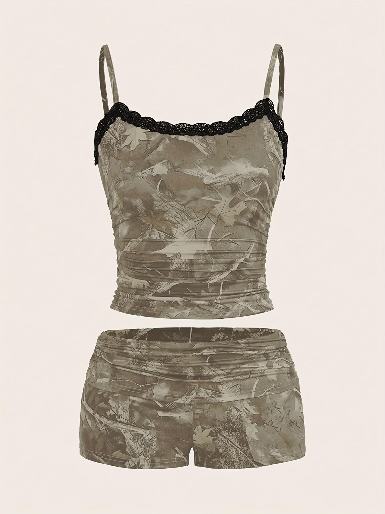 Women's Camo Print Cami Top & Shorts Two-Piece Set, Casual Fashion Cozy Two Piece Outfits for Daily Outdoor Wear, Ladies Clothes for All Seasons