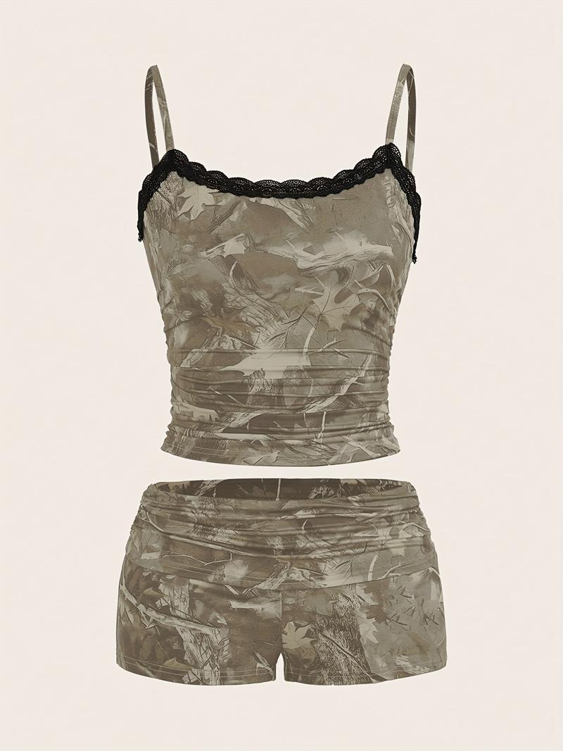 Women's Camo Print Cami Top & Shorts Two-Piece Set, Casual Fashion Cozy Two Piece Outfits for Daily Outdoor Wear, Ladies Clothes for All Seasons
