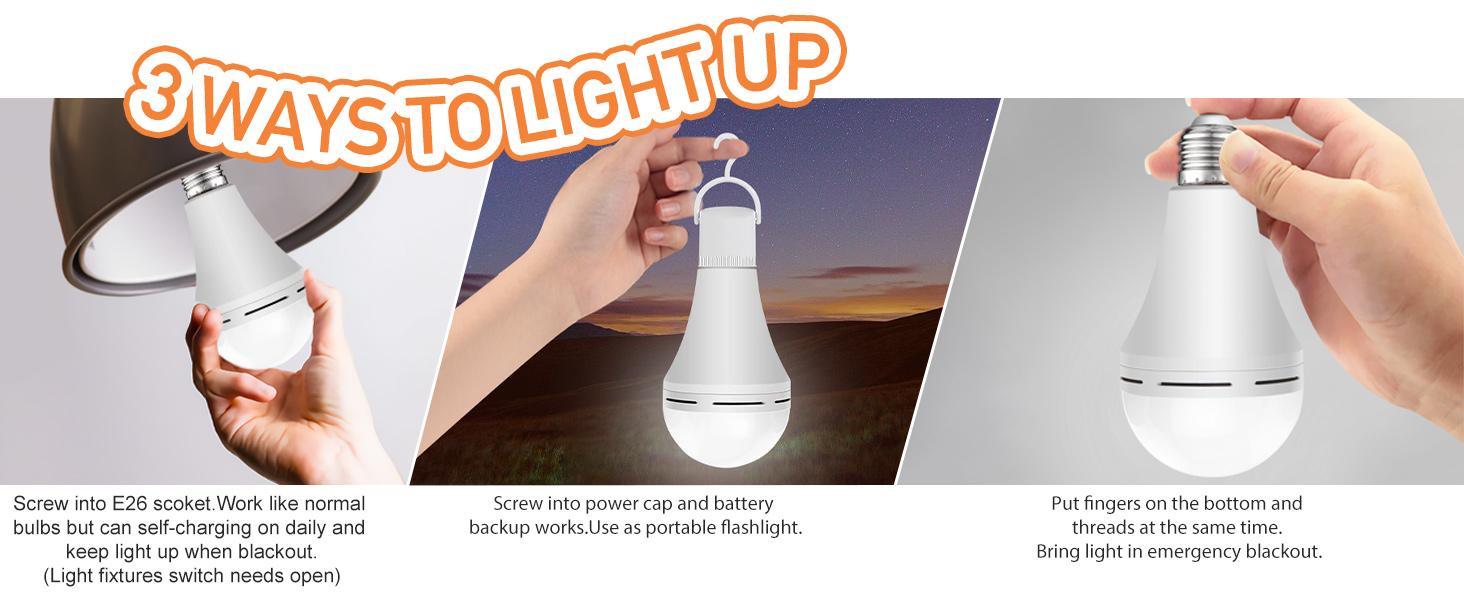 4 Pack Rechargeable Emergency Light Bulbs A19, Camping Lamp Battery Powered LED Light Bulb 6000K Daylight E26 E27 120 Volt 12W 60W Equivalent with 1200mAh for Home Power Outage Camping Hurricane
