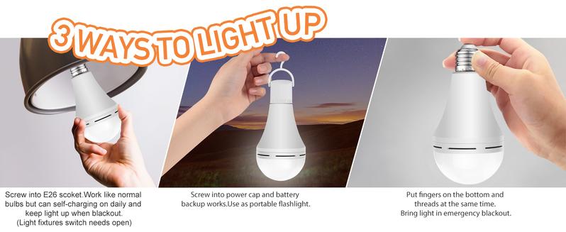 4 Pack Rechargeable Emergency Light Bulbs A19, Camping Lamp Battery Powered LED Light Bulb 6000K Daylight E26 E27 120 Volt 12W 60W Equivalent with 1200mAh for Home Power Outage Camping Hurricane