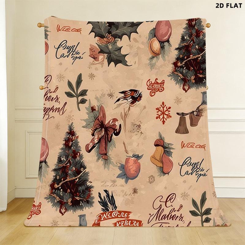 Vintage Christmas Themed Throw Blanket, Single - Sided Printed, Multiple Specifications Available, Warm Tones Design with Christmas Trees, Holly Leaves, Red Bows & Snowflakes, Ideal for Holiday Decor & Napping, Festive Greeting Style Pattern