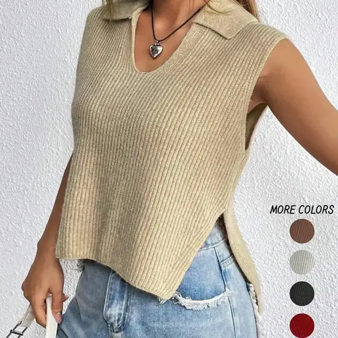 Women's Plain Split Hem Sweater Vest, Casual Fitted Solid Collar Sleeveless Knitwear Top for Summer, Fashion Ladies' Collared Knit Clothing for Everyday Wear, Minimalist Basic Womenswear, Sleeveless Vests, Knit Vest Tops