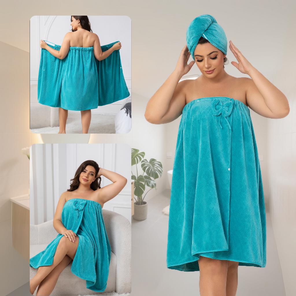 Plus - Size Bath Towel,Solid Bathrobe&Shower Cap Set,Ultra-Absorbent Bath Skirt,Cozy for Travel and Home,Great Gift Idea