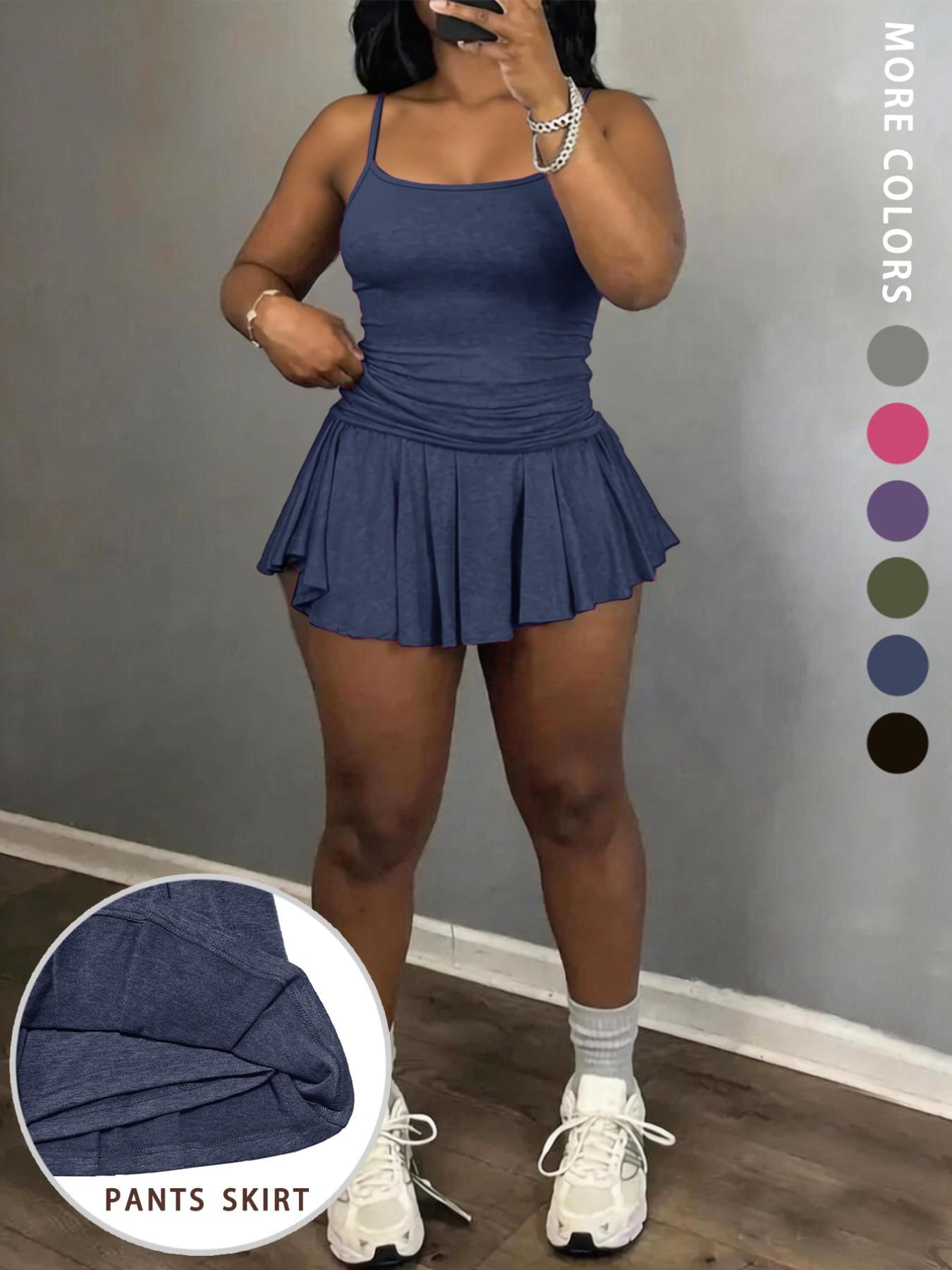 Fashion Sporty Halter Top Women's Set, Integrated Anti-Slip Design Running Sports Short Skirt Two-Piece, Casual Style