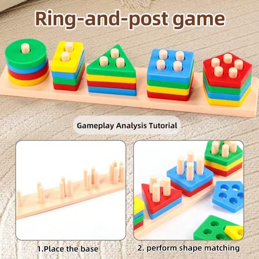 Geometric Shape Matching Block Toy Set | Early Education Cognitive Toy for Infants 0-3 Years Old | Four-Column Peg Matching Game