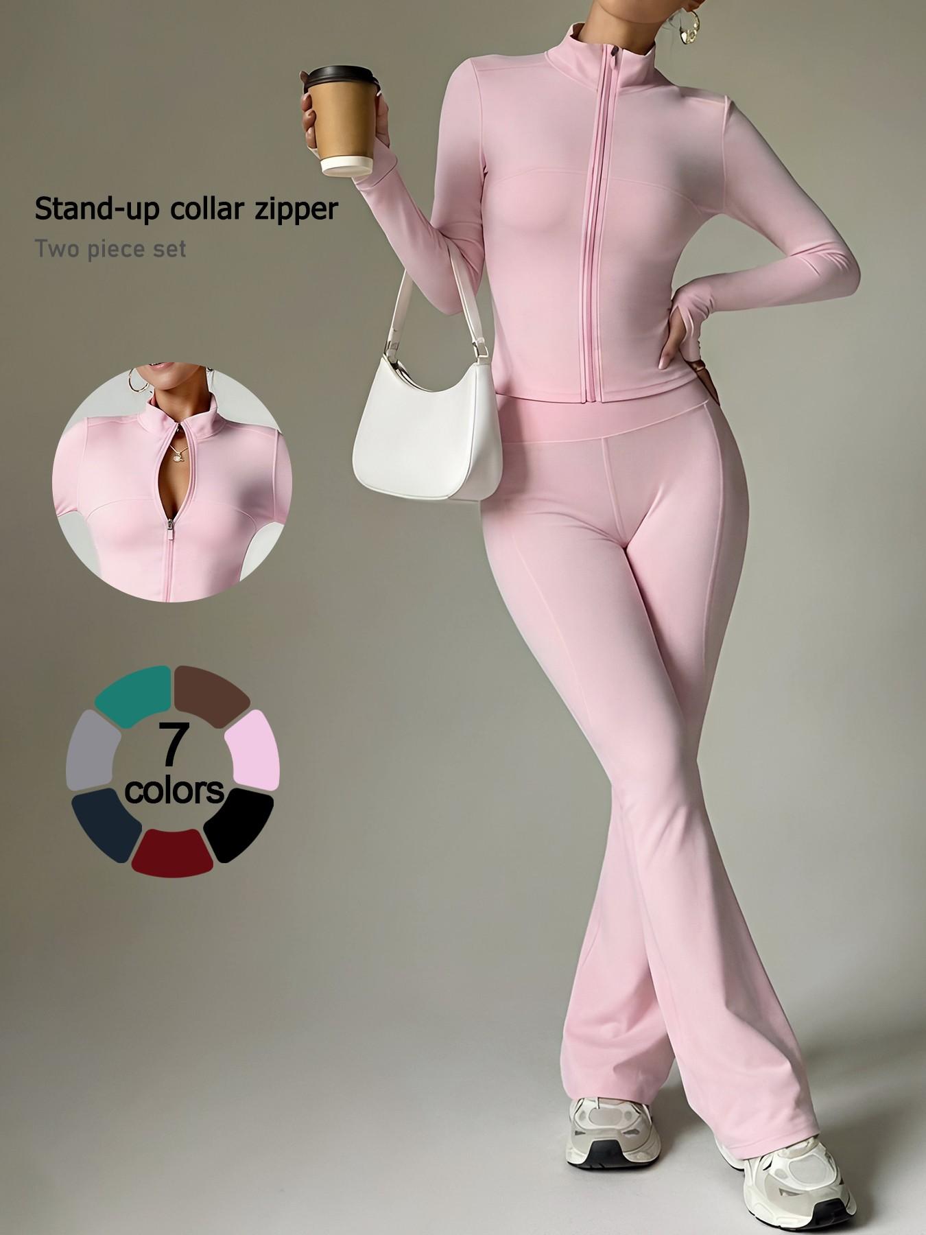 Women's 2-Piece Fitness Set, Stand Collar Full Zip Jacket, Long Sleeve High Waist Yoga Pants, Sporty All-Season Workout, Athleisure Wear Set, Yoga Outfit