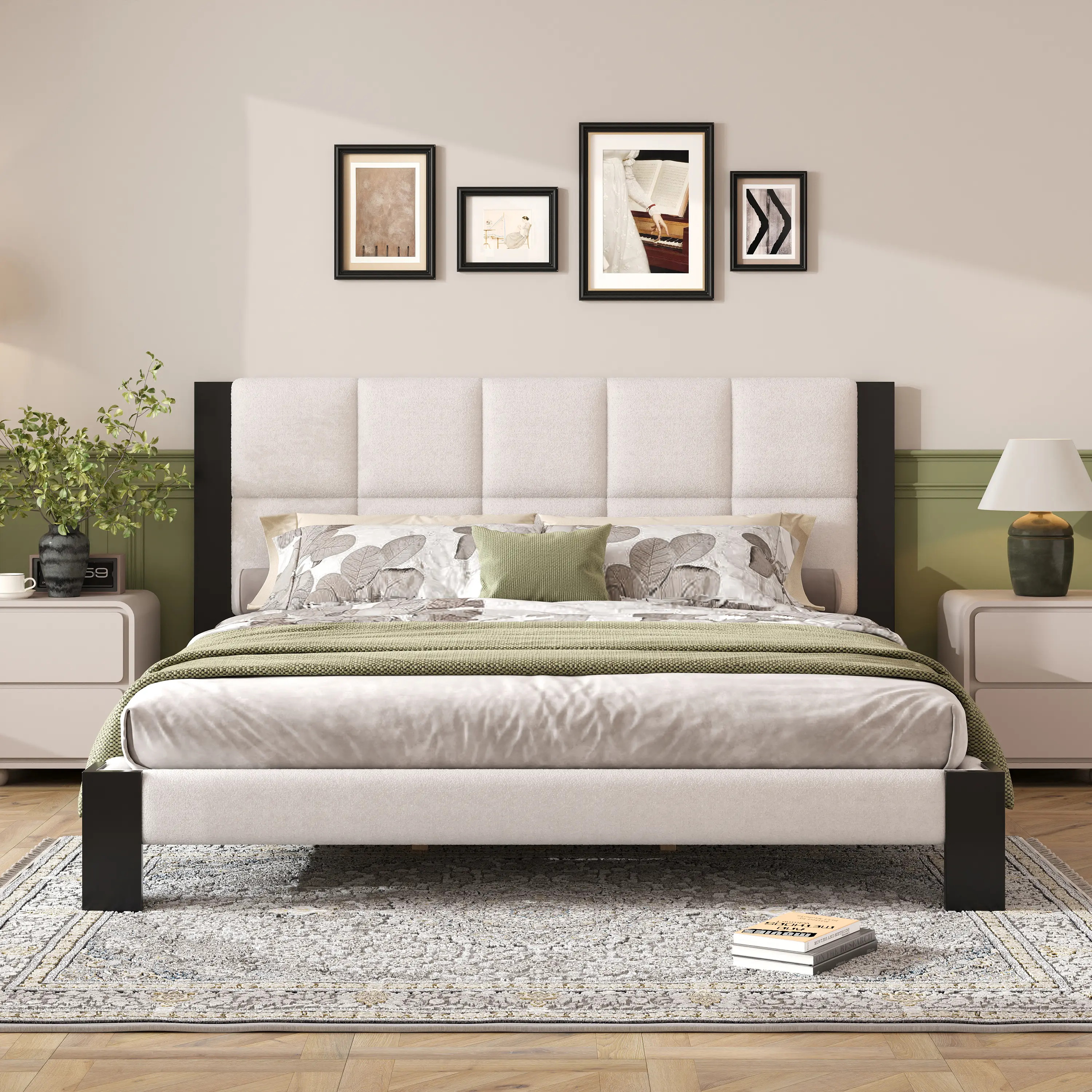 Nokaa Boucle Cal King Upholstered Platform Bed Frame with Cube Headboard, Beige and Black, No Box Spring Needed, Wood Slat Support, for Bedroom