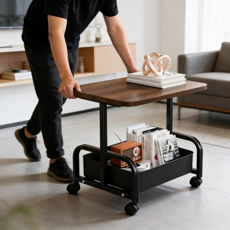 Vintage Style Movable Coffee Table Trolley Side Table, Living Room Sofa Storage Tea Cart with Wheels, Open Double-Layer Storage, Large Capacity, 360° Smooth Casters for Easy Movement