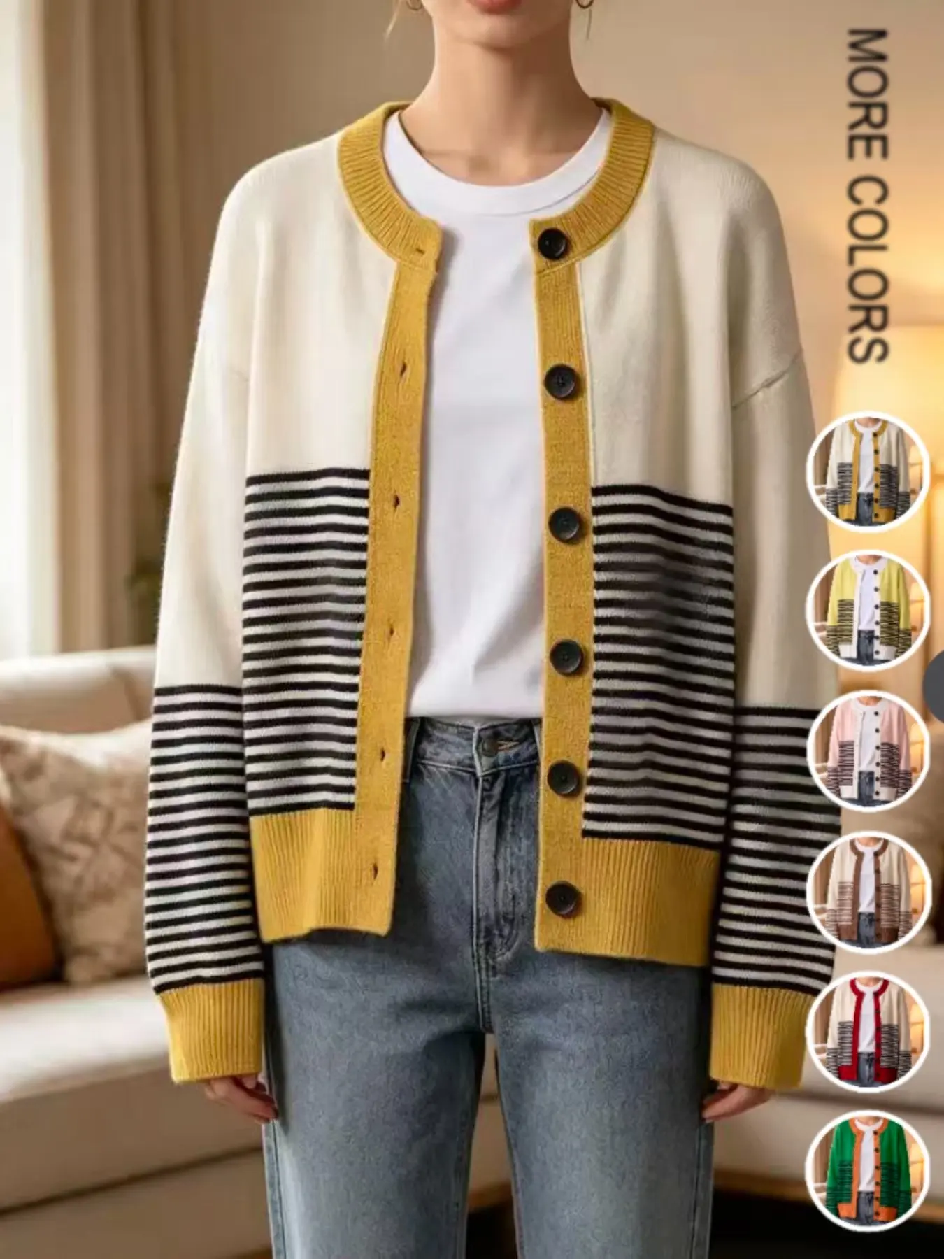 Women's Colorblock Striped Long Sleeve Cardigan, Loose Knitting Cardigan, Casual Loose-Fit Knitted Sweater Coat, Fall & Winter Fashion, Elegant and Comfortable