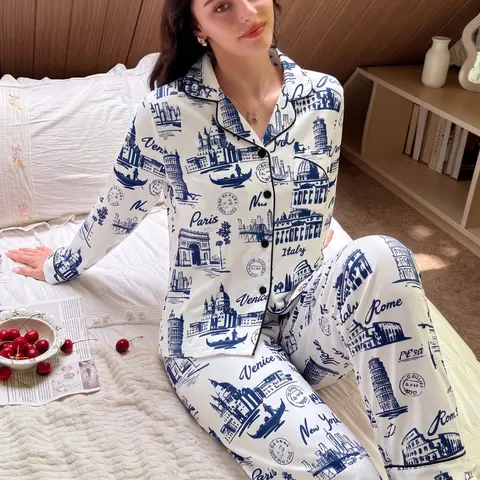 Women's Floral Print Lapel Pocket Shirt & Pants Pajama Set, Button Front Shirt & Elastic Waist Trousers for Spring & Fall, Women's Pajama Sets for Daily Wear, Sleepwear
