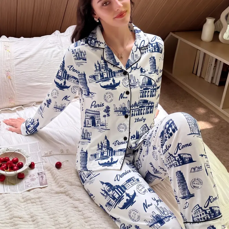 Women's Floral Print Lapel Pocket Shirt & Pants Pajama Set, Button Front Shirt & Elastic Waist Trousers for Spring & Fall, Women's Pajama Sets for Daily Wear, Sleepwear