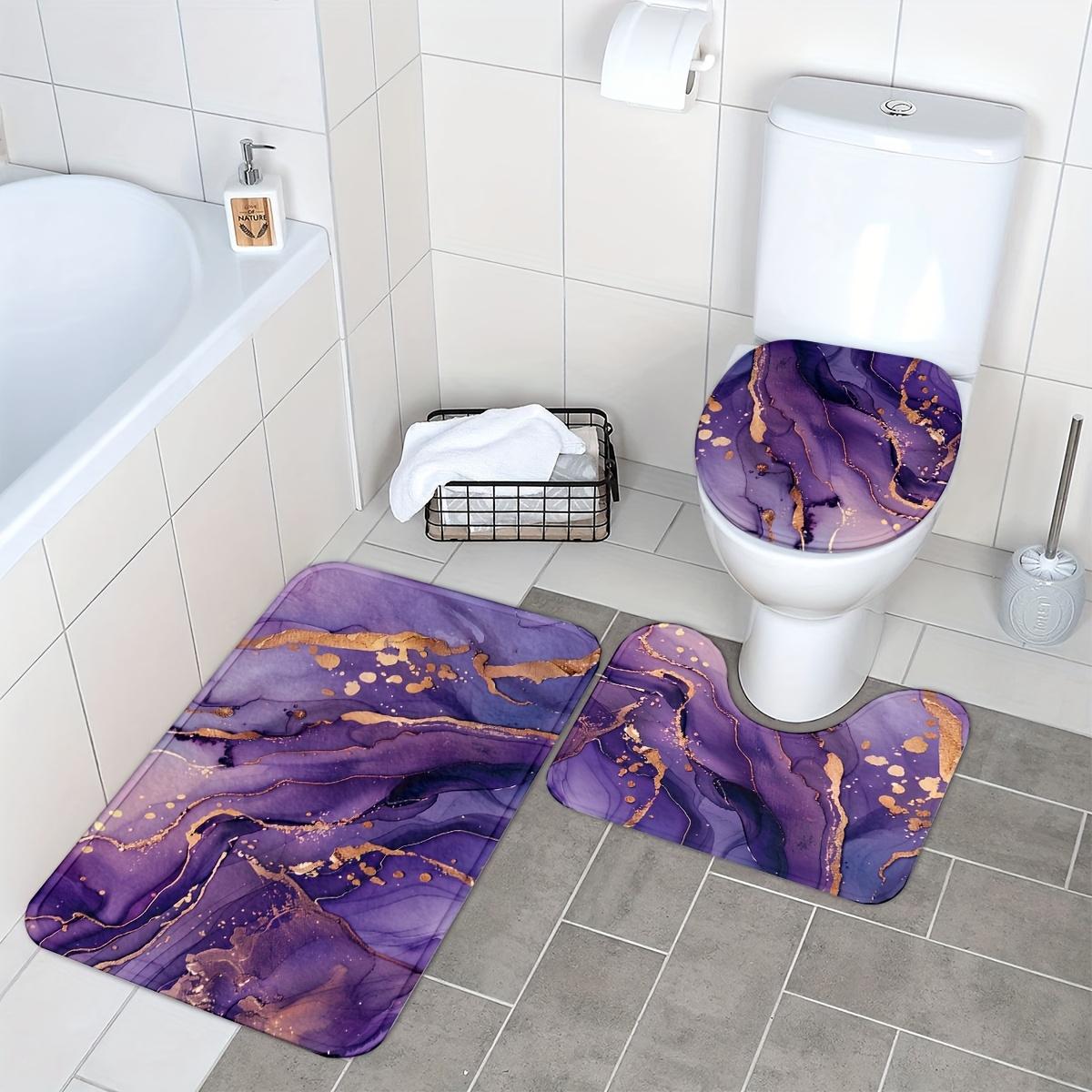 3pcs Purple Marble & Golden Flannel Bathroom Mat Set - Non-Slip, Soft, 100% Polyester, Modern Design - Includes U-Shaped Toilet Mat, Toilet Lid Cover & Rectangular Rug - Stylish Home Decor Accessories, Bathroom Deco
