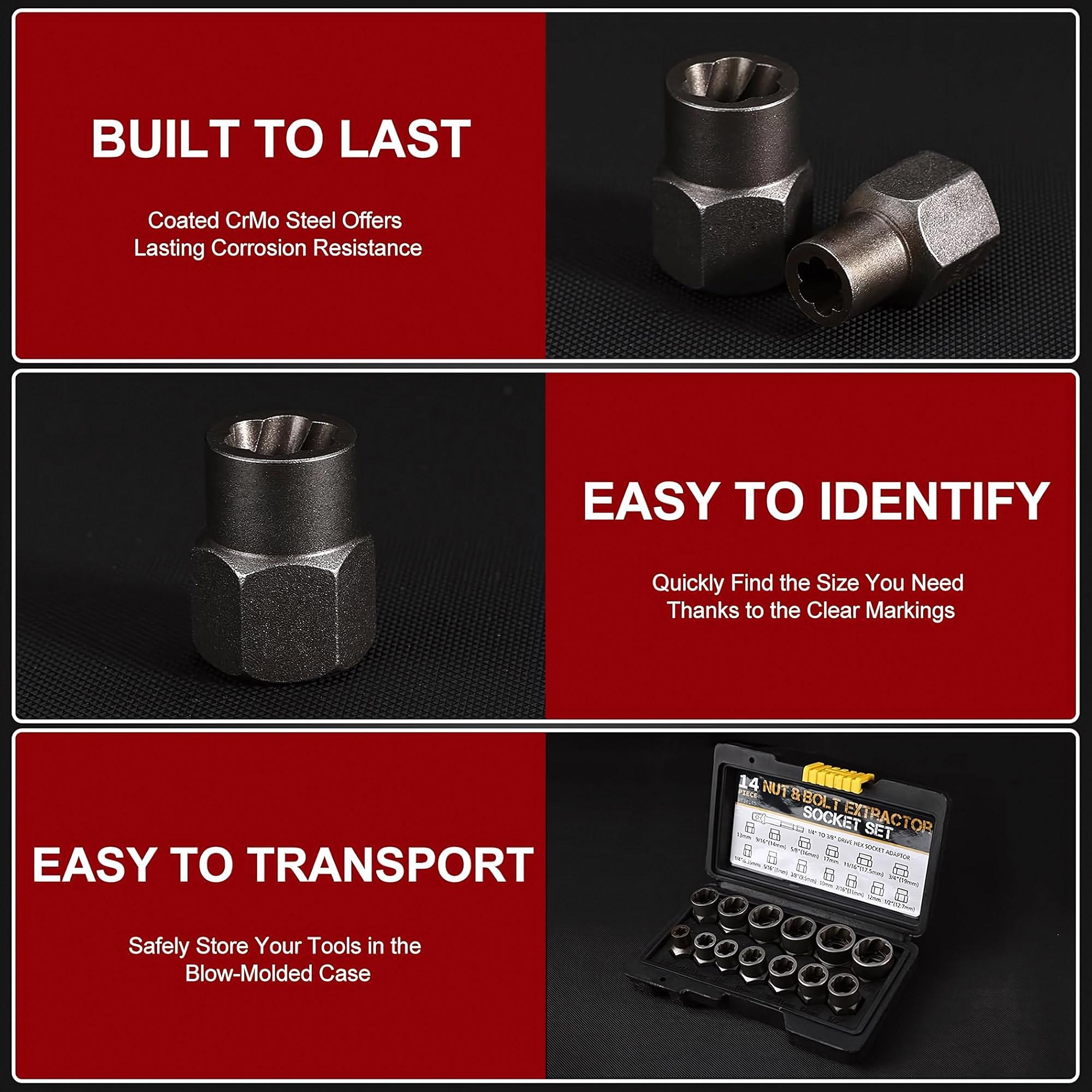 High-Impact 14-Piece Bolt Extractor Set, Stripped Screw Removal Tools, Anti-Slip Design, Magnetic Toolbox, Ideal for Automotive Rusted Screw Repair, Professional Thread Restoration Kit, Durable Extraction Tools for DIY