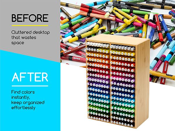 MEEDEN Bamboo Marker Organizer for Desk: Holds 224 Pens with 32 Compartments- Art Supply Storage & Holder for Alcohol Markers，Pens，Pencils