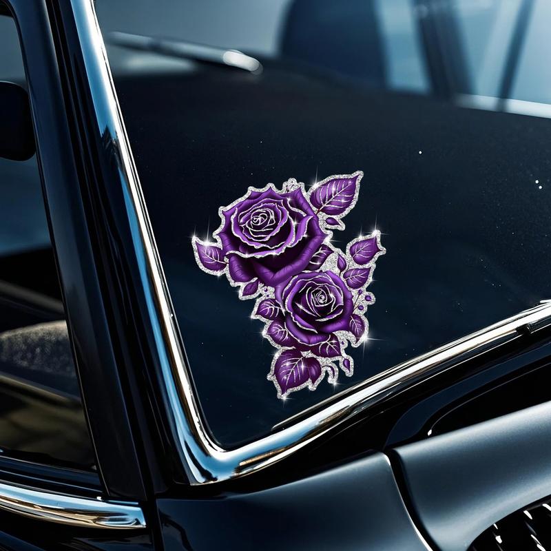 Shimmering Rose Car Sticker, Car Decorative Sticker, Plant Floral Pattern, Diamond Material, Self-Adhesive No Residue, Easy Installation, Best Gift