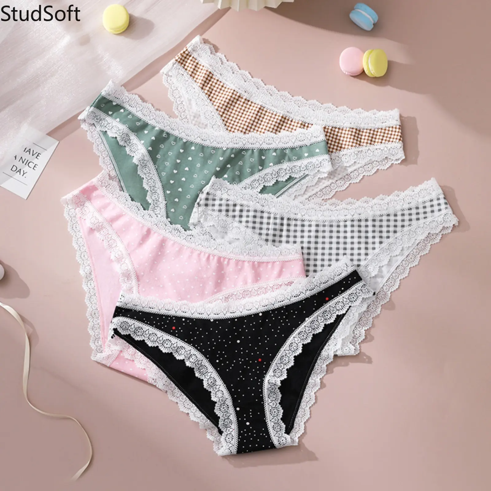 5 Pack Cotton Panties Women Sexy Lace Briefs Cute Print Underwear Breathable Soft Low Rise Bikini Plaid Heart Polka Dot Ladies Underpants Pack