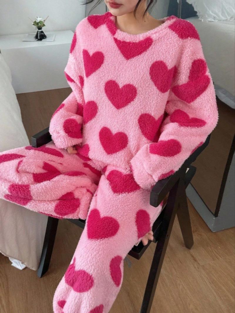 Women's Fall Winter Heart Print Fleece Pajama Set, Warm & Cozy Sleepwear, Long Sleeve Round Neck Loungewear, Casual Home Wear