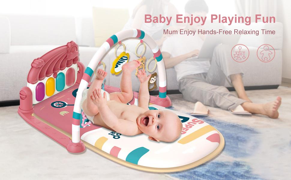 Baby Play Mat Baby Gym with Piano Tummy Time, 5 Infant Learning Toys, Music & Lights, Pink, Suitable for Newborns 0 to 3 Months & 6 Months to 9 Months Nursery