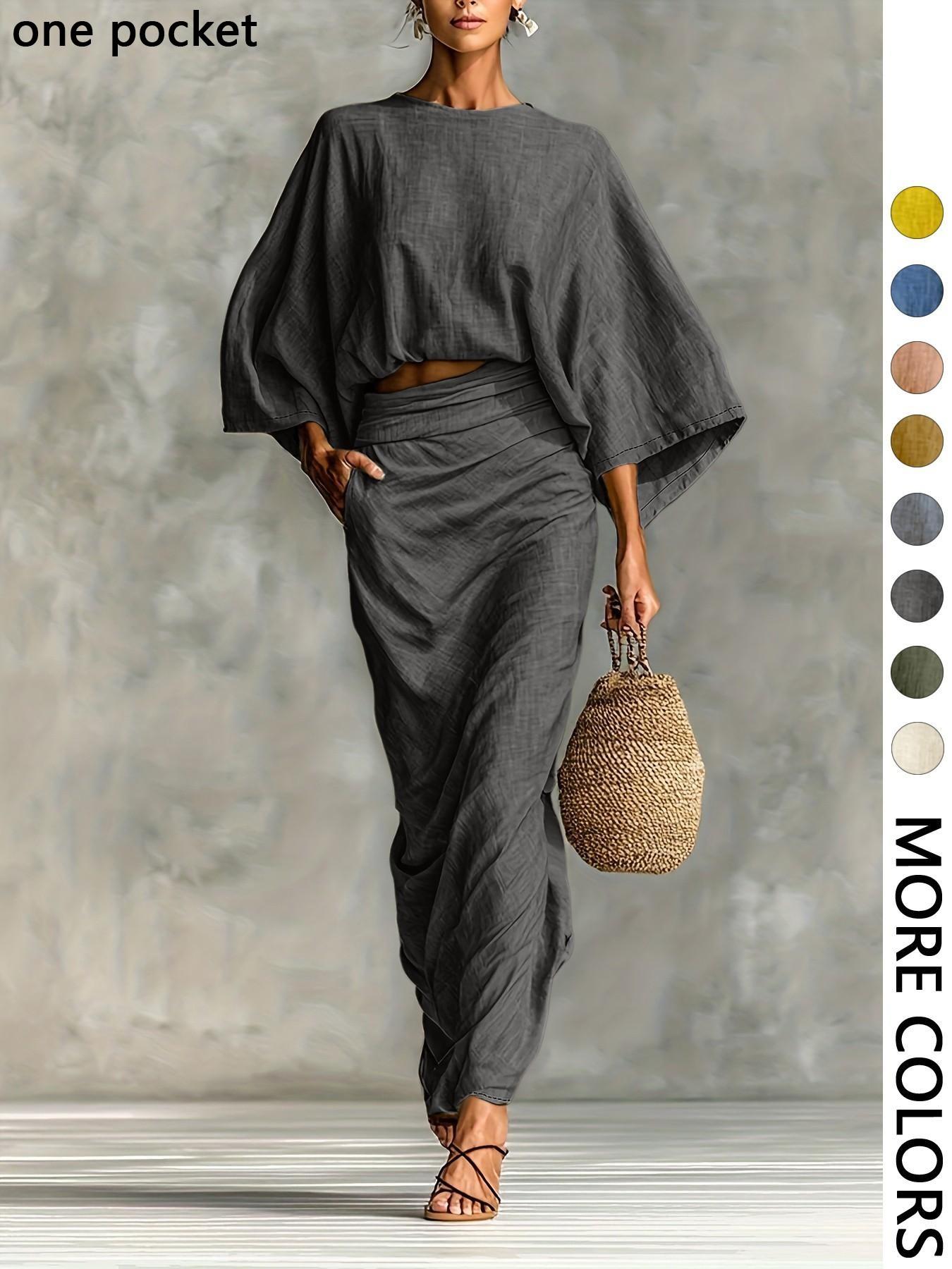 Women's Stylish Loose-Fitting Casual Two-Piece Set, Spring & Fall Comfortable Long Skirt with Waist Definition and Pocket one pocket Women's Stylish Loose-Fitting Casual Two-Piece Set, Spring & Fall Comfortable Long Skirt with Waist Definition and Pocket one pocket