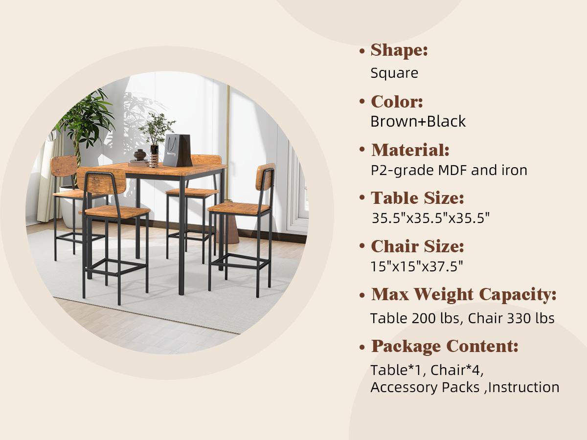 LHBcraft Solid Wood Furniture Table and Chair Set, 4-Seater Kitchen Table with Metal Frame, Compact Kitchen Table for Small Spaces, Apartments, Breakfast,Christmas gift