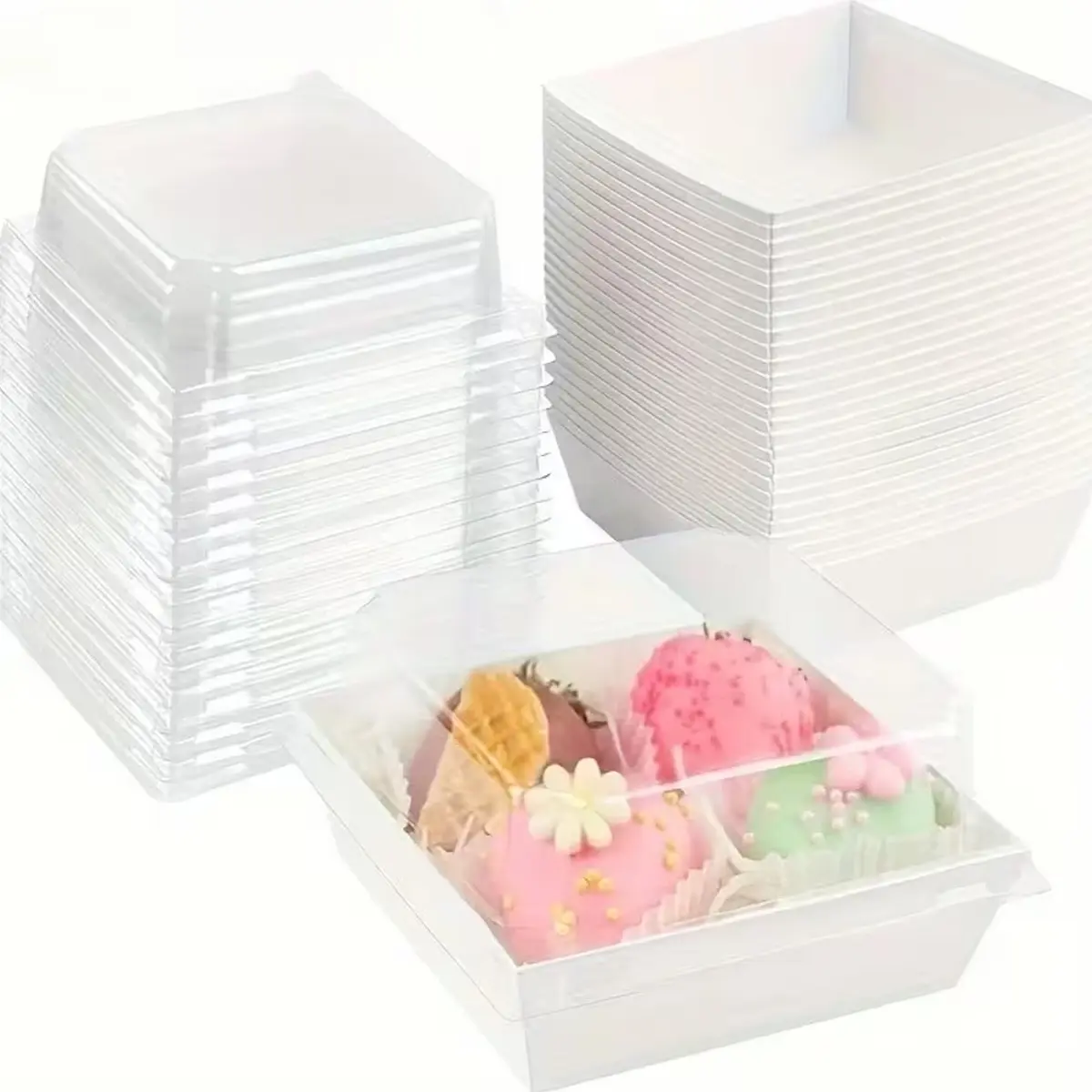 20/60/100pcs Square Cake Boxes with Lids, Durable Plastic and Paper Covers, Ideal for Macarons, Sandwiches, Cookies, Mini Cakes, Strawberries Bakeware, Baking Accessories, Baking Essentials, Home Baking Supplies, Bakery Supplies