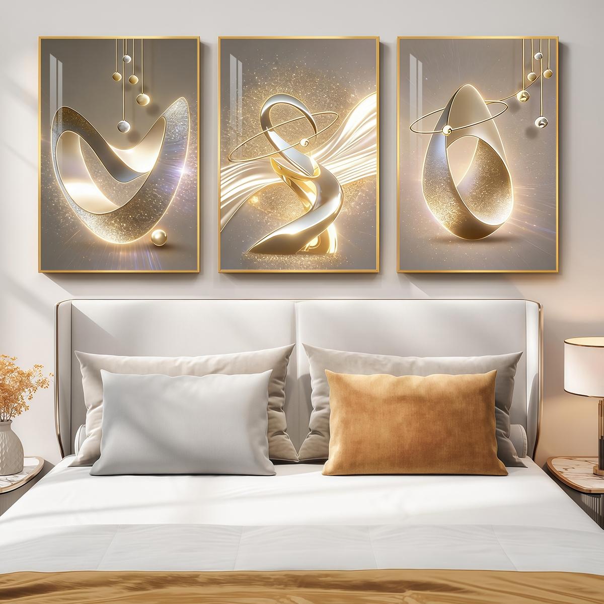 3 Counts Aluminum Alloy Framed Painting, Golden Abstract Sculpture Art Pictures, Home Decoration For Living Room, Bedroom, Office, Restaurant, Hallway Wall Decor, Odorless Print Artwork, Luxury Perfect Gift For Friends And Family