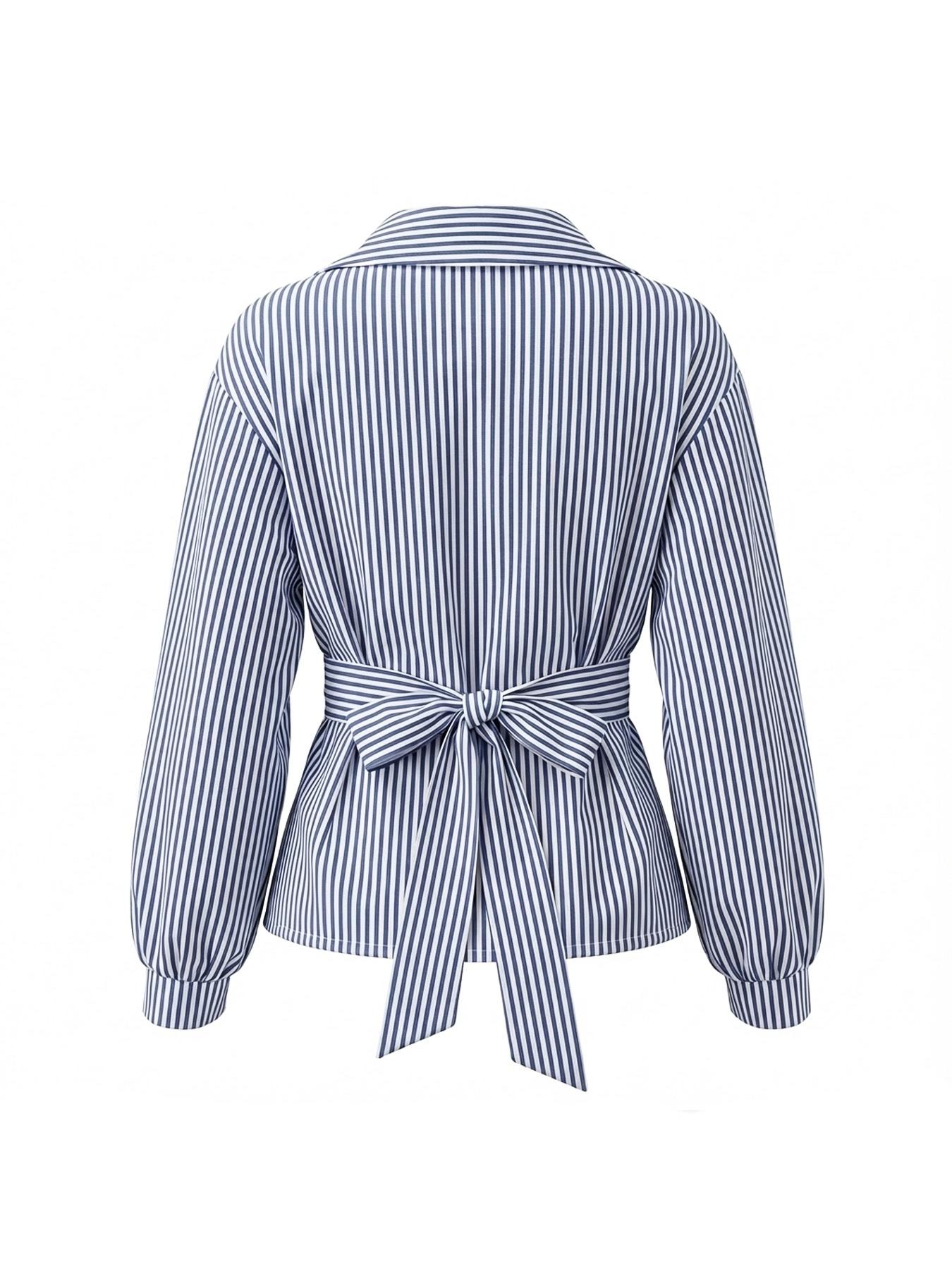 Women's Striped Print Button Front Collared Casual Shirt, Button Down Shirt,Asymmetrical Hem ,Wrap Blouse,Long Sleeve,Fitted,Elegant,Daily Commuting,Going Our,All Season