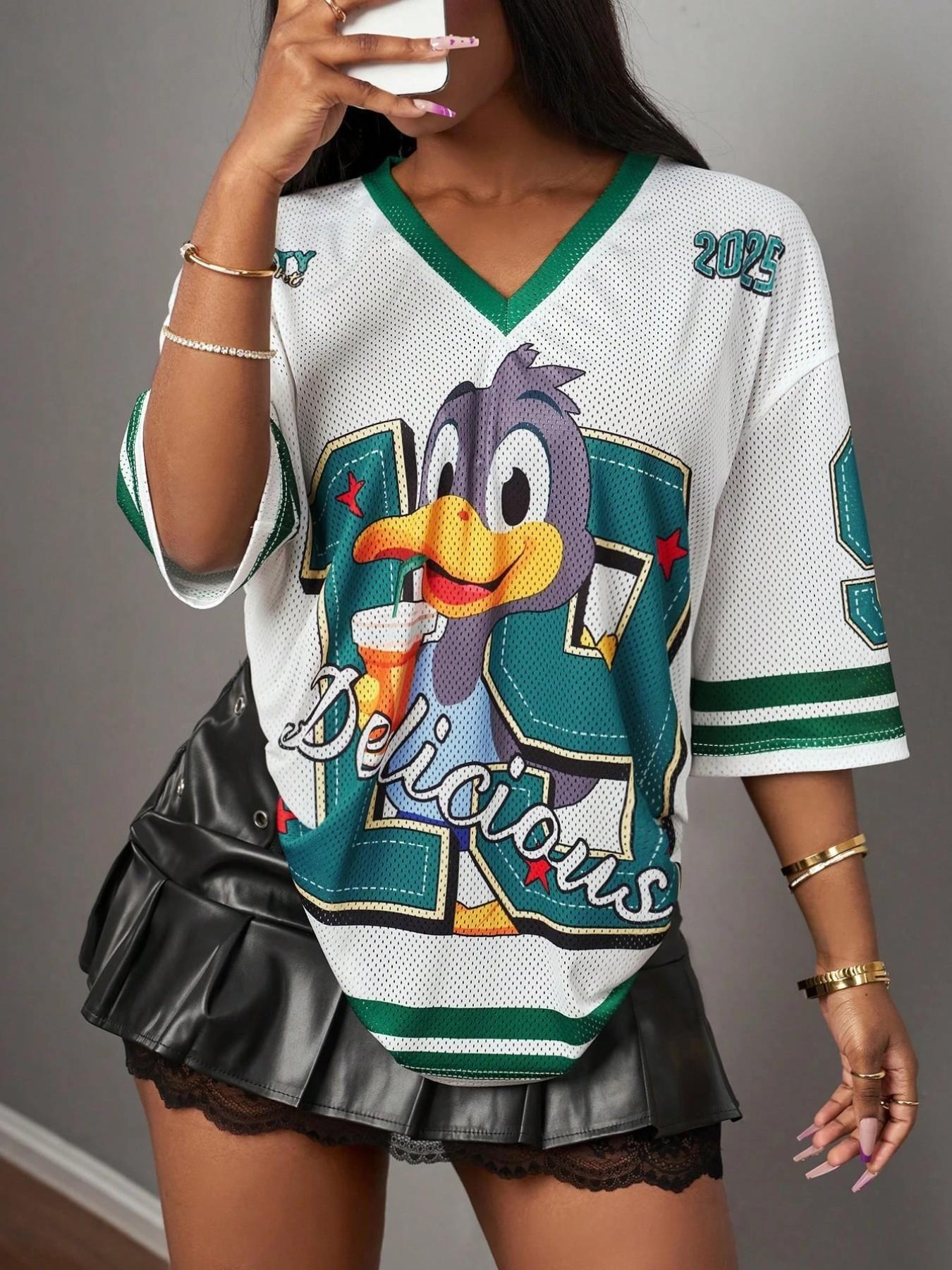 American Retro Cartoon Duck Print Mesh Eye Short Sleeve T-Shirt for Women, New Y2K Style, Loose-Fit Sport Top, All Seasons
