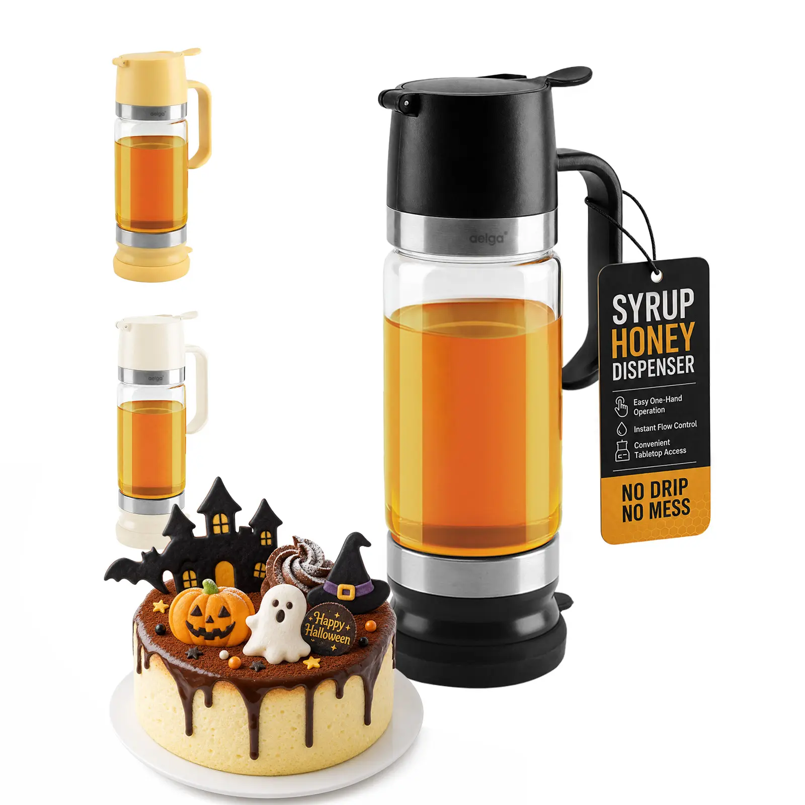 Aelga 12 oz Honey Dispenser No Drip with Base, 2026 Upgrade   Mess Free Syrup Dispenser for Coffee or Tea, Glass Honey Jar Pot with Handle, Black