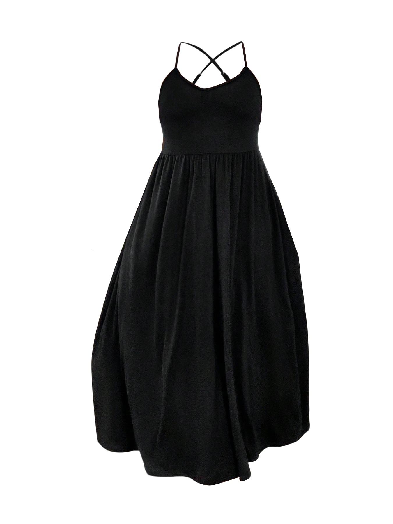 Plus Size Criss Cross Backless Cami Dress, Casual Solid Sleeveless Spaghetti Strap A-Line Dress for Summer, Women's Clothes for Party Holiday Womenswear