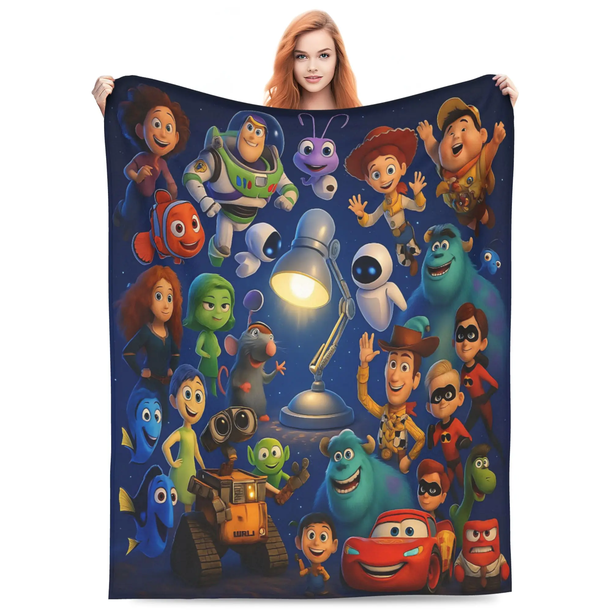 Disney Classic Pixar All‑Star Flannel Throw Blanket, Collage of Toy Story Finding Nemo Wall‑E Monsters Inc The Incredibles Cars Characters Glowing Desk Lamp Dark Starry Background Print Soft Cozy Blanket for Sofa Bed Movie Fans Gift