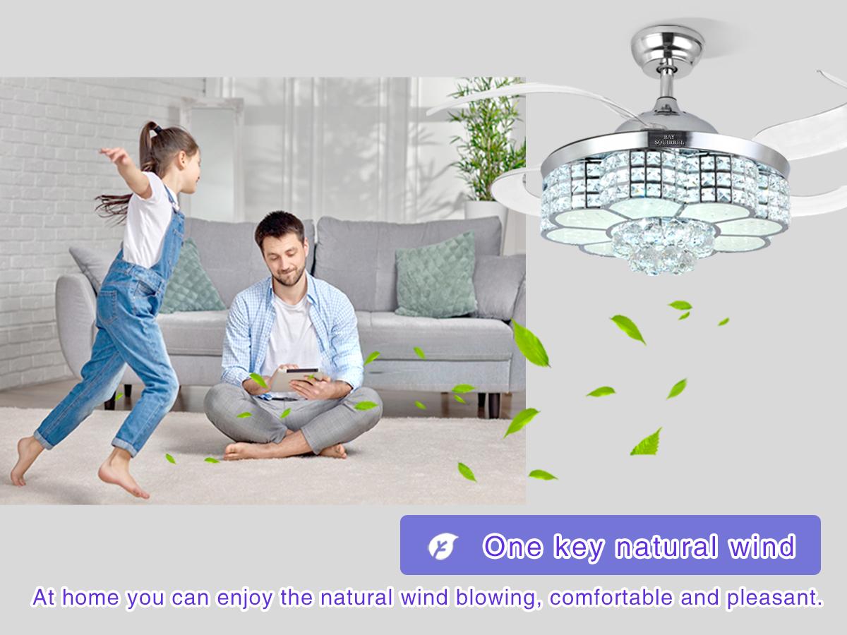 BAYSQUIRREL Retractable Crystal Ceiling Fan with Speaker,Remote/APP Control, 6 Speed Reversible RGB-LED Light,  Atmosphere Lighting Ambient Decoration Lamp, Excellent Gifts Changing Nightlight