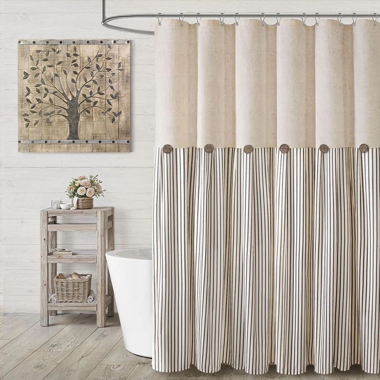 Farmhouse Linen Shower Curtain, Beige with Brown Stripes & Chic Buttons, 72"W x 72"L, Rustic Country Natural Look, Washable for Bathroom Bathtubs, Shower Curtains