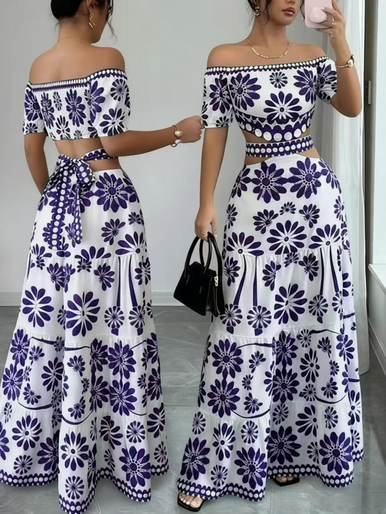 Women's Floral Off-Shoulder Dress, Sleeveless Hollow Out Waist, Casual Bohemian Style, All Seasons, Tropical Vacation, Long Dress for Summer