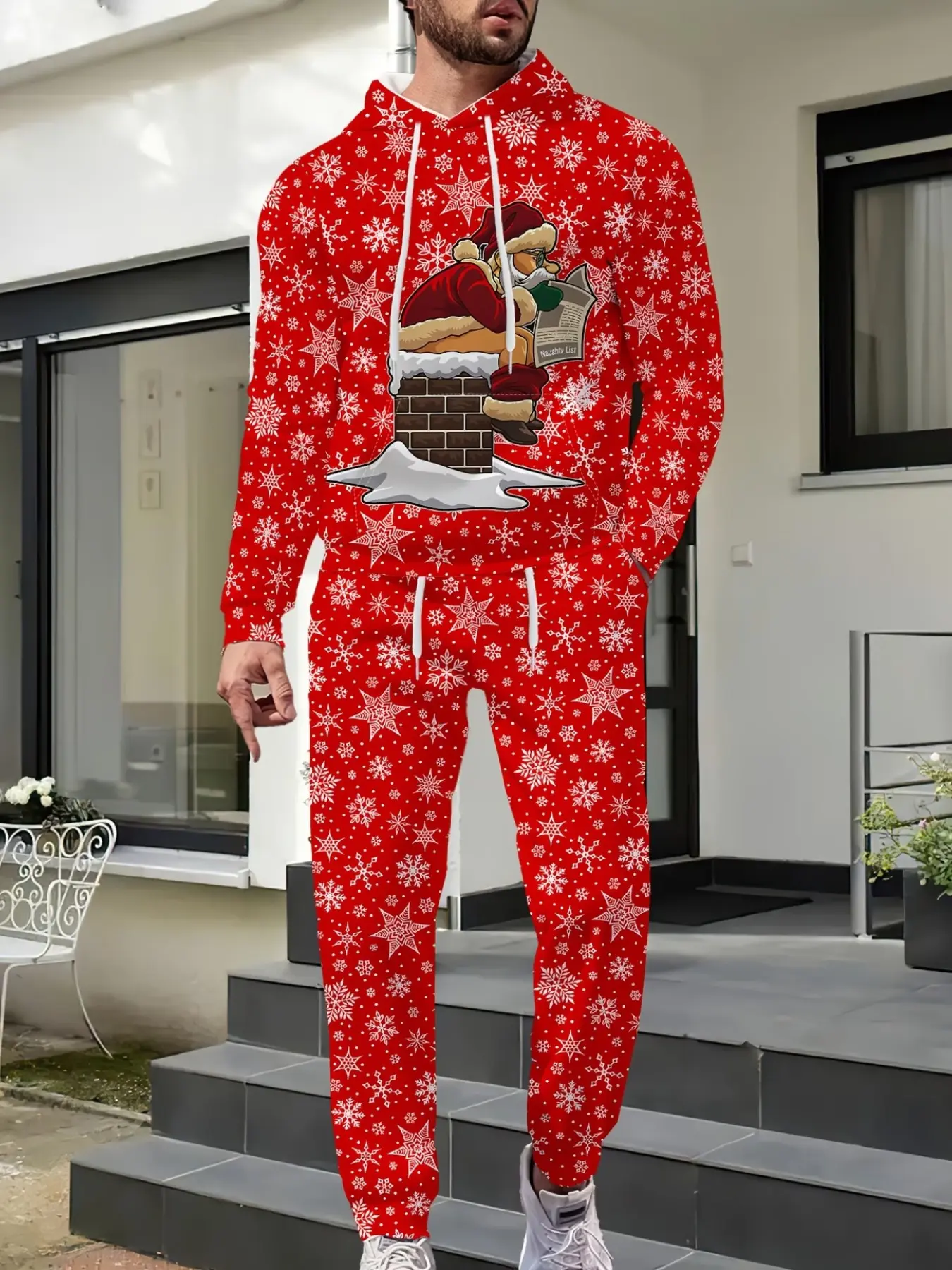 Men's Christmas Santa Print Hoodie Set, Casual Long Sleeve Sweatshirt & Pants, Comfortable for Commute & Outdoor Activities
