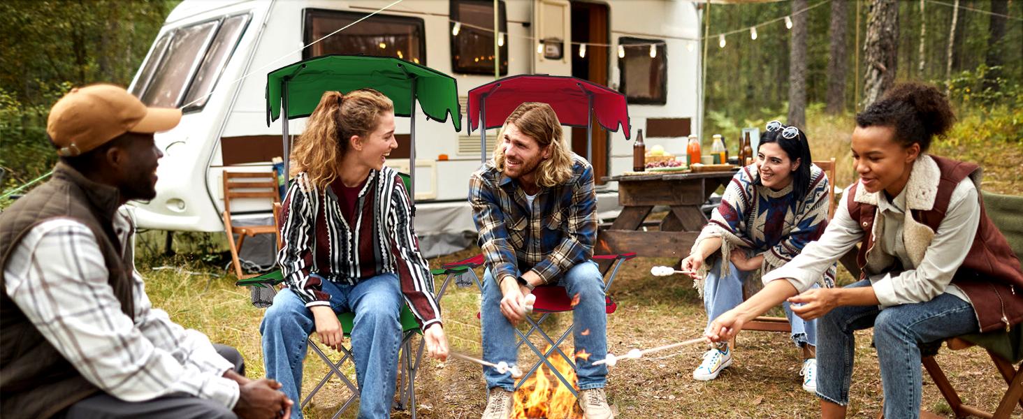 Camping Chair with Canopy, Outdoor Folding Lounge Chair with Adjustable UPF 50+ Sun Shade &Cup Holder, Portable Camping Recliner,350LB Max Support Foldable Wide Sunshade oversized Chair with Shade Canopy Camping Chair with Cup Holder Durable