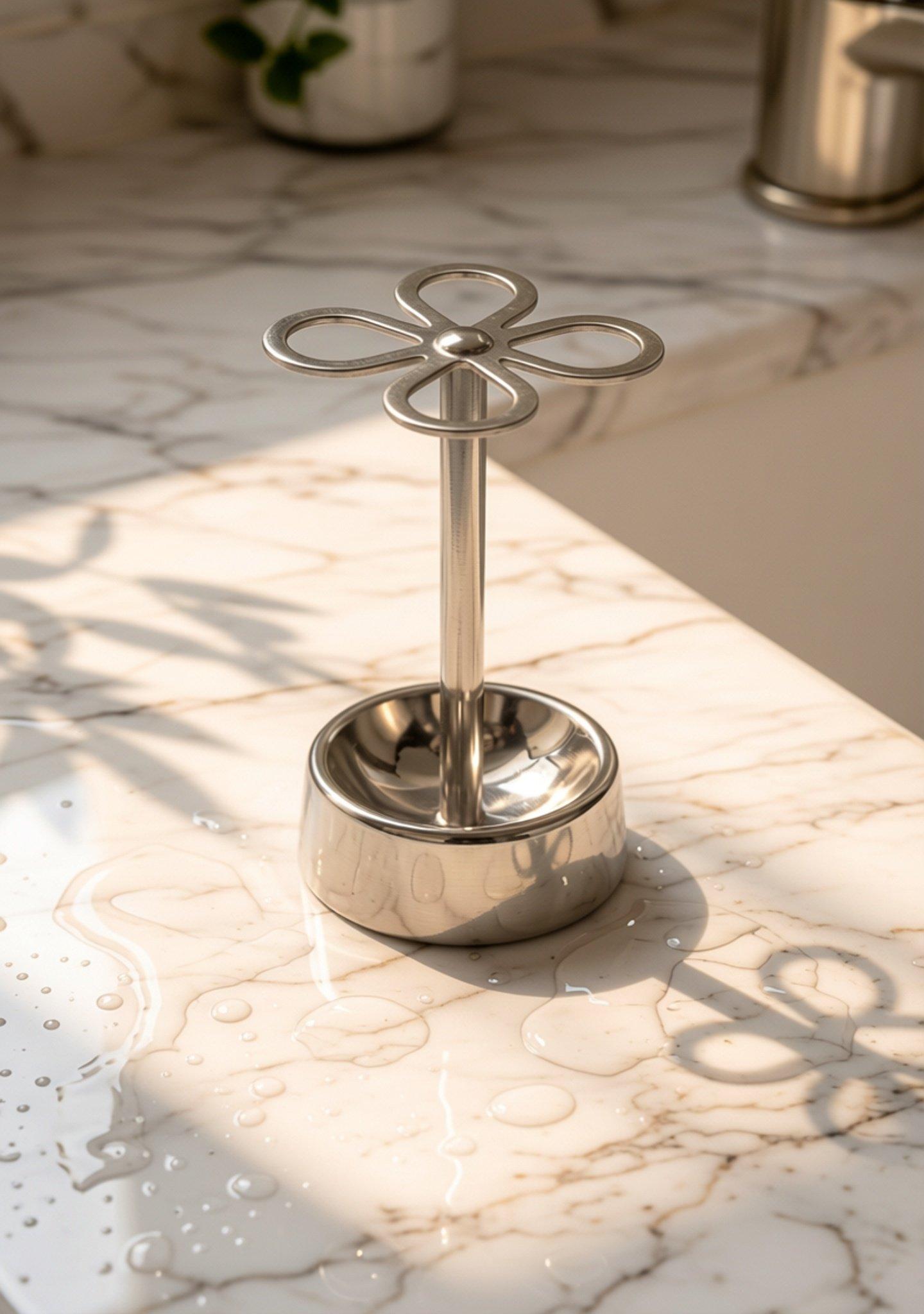 Minimalist Stainless Steel Toothbrush Holder, Four-Leaf Clover Design, Classic Countertop Organizer, Industrial Style Bathroom Accessory