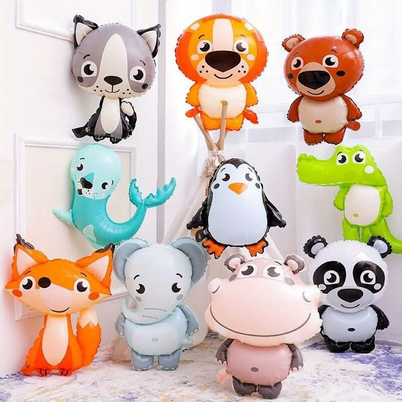 10-Pack Reusable Cartoon Animal Foil Balloons, Self-Seal Hawaiian Party Decor, Tiger Zebra Penguin Shapes, Wedding Birthday Graduation Mother's Day