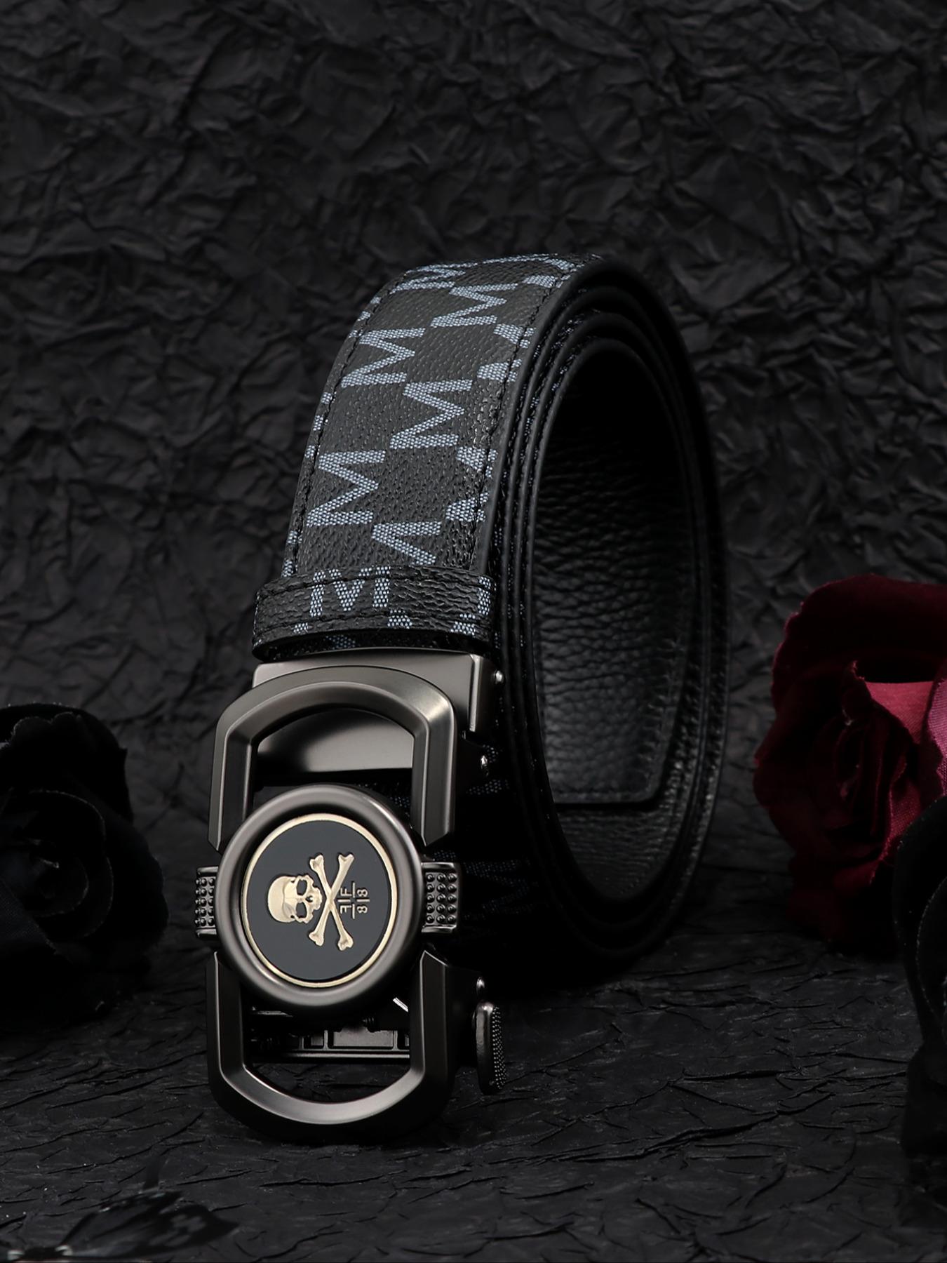 New Trendy Skull Head Automatic Buckle Belt, M Letter Printed Waistband, Men's Fashion Versatile Casual Punk Pants Belt