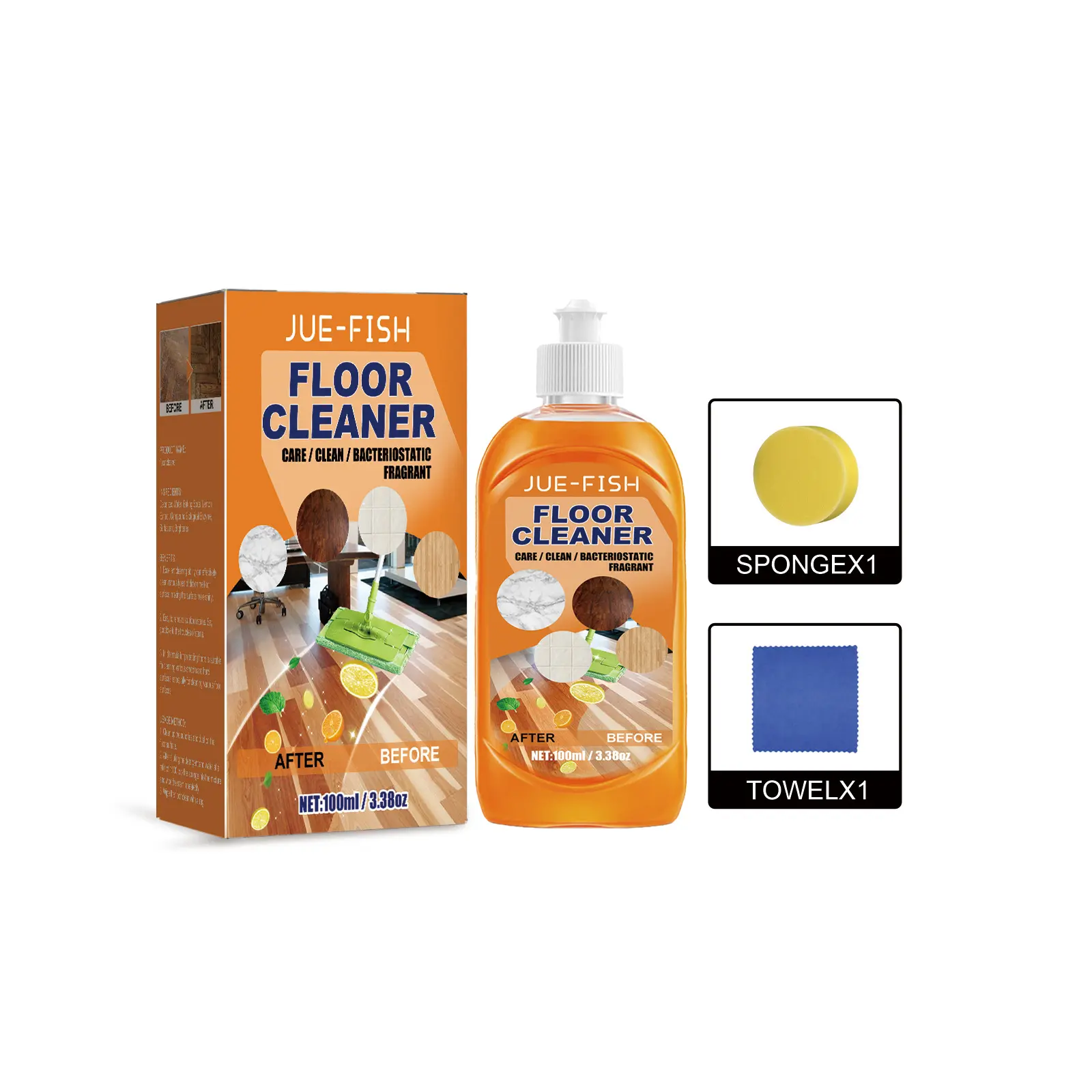 Jue-Fish Floor Cleaner Set Stain Removal and Descaling Wood Floor Cleaning Polishing Brightening Tile Cleaner