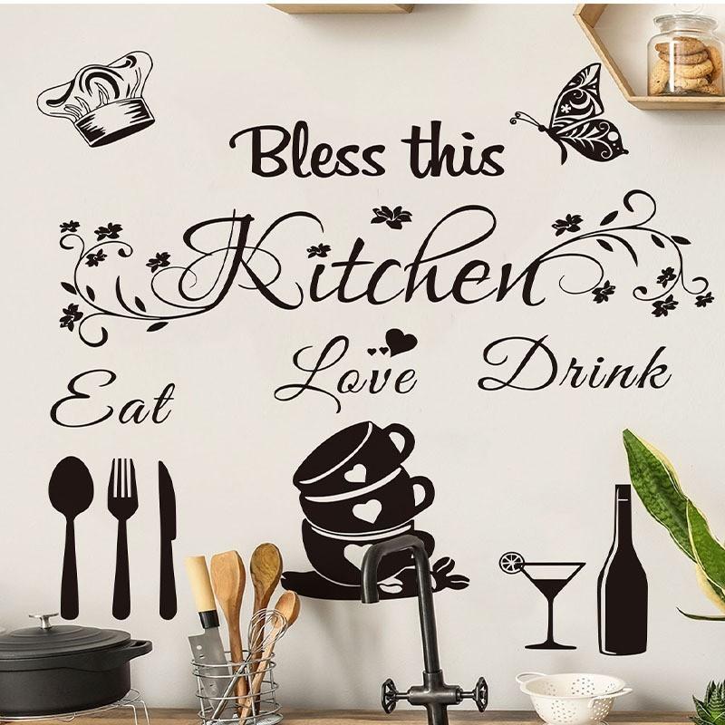 Kitchen Theme Wall Stickers Set, Simple Style, Bless This Kitchen Slogan, Removable Waterproof Oilproof, DIY Decor, Decorative Wall Sticker