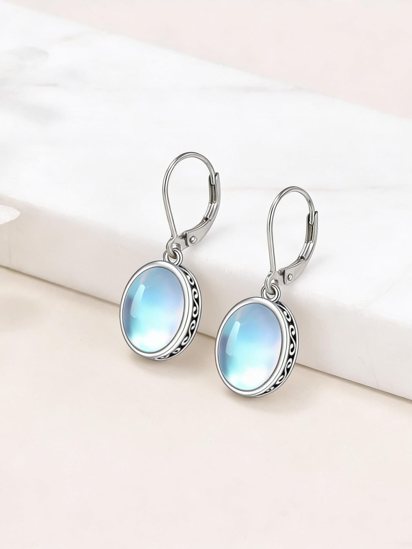 Women's 925 Silver Vintage Bohemian Oval Moonstone Dangle Earrings, Hypoallergenic Fashion Jewelry, Perfect for Daily Wear and Gifts